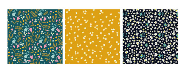 Floral pattern. Set of flower patterns with daisies,and other spring flowers, tulips, bells. Flowers on colorful backgrounds
