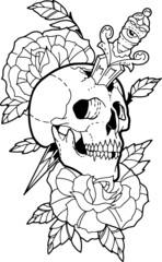 Skull, Dagger and Roses Tattoo Stencil T-shirt Stamp Vinyl Cut