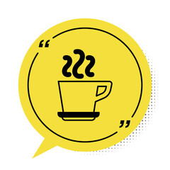 Black Coffee cup icon isolated on white background. Tea cup. Hot drink coffee. Yellow speech bubble symbol. Vector