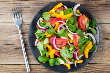 Plate of rainbow salad with different vegetables and herbs on black plate on wooden background