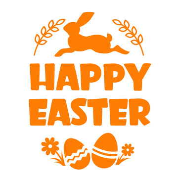 Happy easter card with rabbite silhouette and flowers frame decoration and holiday text. Vector tender color style greeting card background for design