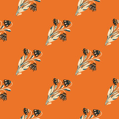 Botanic seamless pattern with abstract flowers bouquet print. Bright orange background. Vintage style.