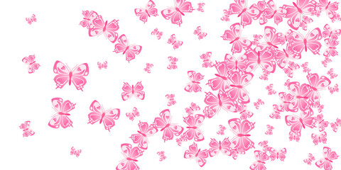 Exotic pink butterflies flying vector illustration. Summer beautiful moths. Detailed butterflies flying children background. Gentle wings insects graphic design. Garden creatures.