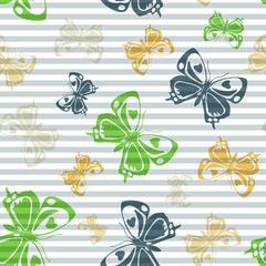 Flying butterfly silhouettes over striped background vector seamless pattern.