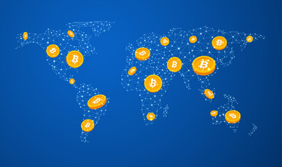 Naklejka na ściany i meble Abstract Bitcoin cryptocurrency wireframe global mesh background.