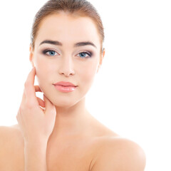 Portrait of beautiful calm woman with young clean healthy skin, studio shot isolated on white background. Anti-aging and beauty treatment.