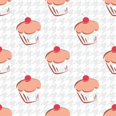 Tile vector background with cherry cupcake on white and grey houndstooth pattern