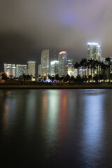city skyline at night, miami florida, biscayne bay, long exposure, clouds
