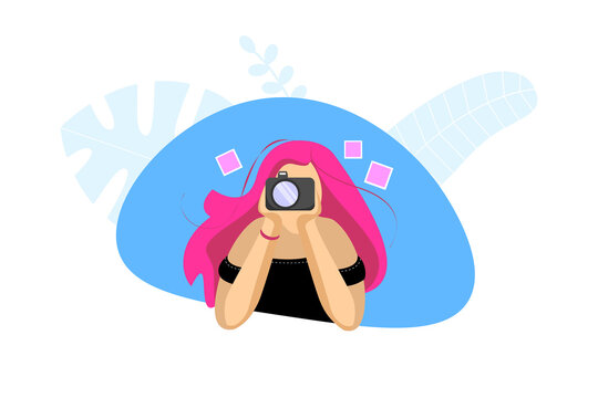 Beautiful young teenage girl photographer with pink hair holding camera. Female photo hobby concept. Cute fashion hipster woman shoots and takes photography pictures. Photographer vector eps