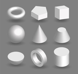 Set of 3D geometric shapes. Cube, cylinder, sphere, cone, ring, torus. White volumetric figures isolated on grey background. Vector illustration.