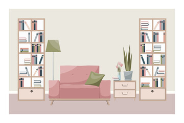 Interior of a room or home library: armchair, flowers, books, bookcase. Modern design interior of home furniture for reading. Flat hand drawn vector illustration