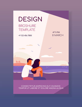 Couple sitting on beach. Back view of young man and woman hugging at sea flat vector illustration. Vacation, romance, dating outdoors concept for banner, website design or landing web page