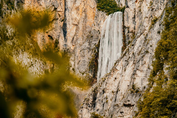 Famous slovenian waterfall Boka in Julian Alps in Triglav National park. One of the highest in...