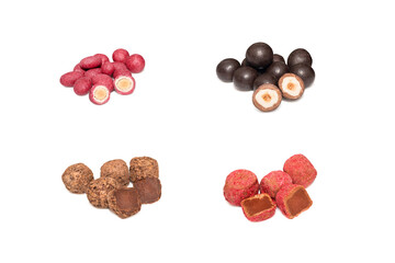 Set of sweets on white background. Almond, hazelnut chocolate and truffles. Handmade candies.