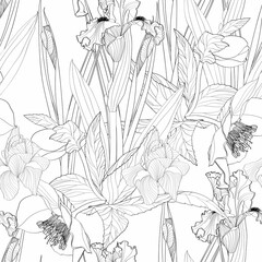 Hellebore floral foliage garland seamless pattern. Christmas winter rose and many garden flowers. Detailed outline black white line sketch.