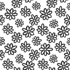Black ink chamomile flowers isolated on white background. Cute monochrome floral seamless pattern. Vector simple flat graphic illustration. Texture.