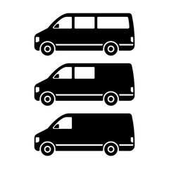 Set of minibuses icon. Small van. Black silhouette. Side view. Vector simple flat graphic illustration. The isolated object on a white background. Isolate. © far700