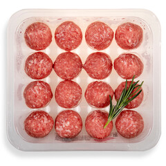 Meat balls in a package with rosemary on a white background. Top view.