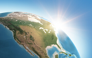 Sun shining over a high detailed view of Planet Earth, focused on North America, USA and Canada. 3D illustration - Elements of this image furnished by NASA