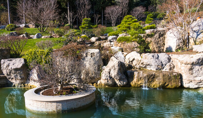 Panorama of a Japanese garden with stone pine trees, a stream and a pond in early spring.