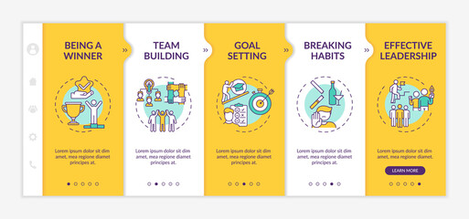 Types of motivational content onboarding vector template. Mentoring and coaching. Leadership and goal setting. Responsive mobile website with icons. Webpage walkthrough step screens. RGB color concept
