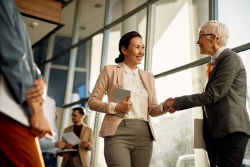 Happy Asian executive manager handshaking with mature businesswoman while greeting in the office.