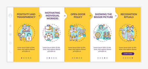 Strategies of staff motivation onboarding vector template. Encouraging employees for better work. Responsive mobile website with icons. Webpage walkthrough step screens. RGB color concept