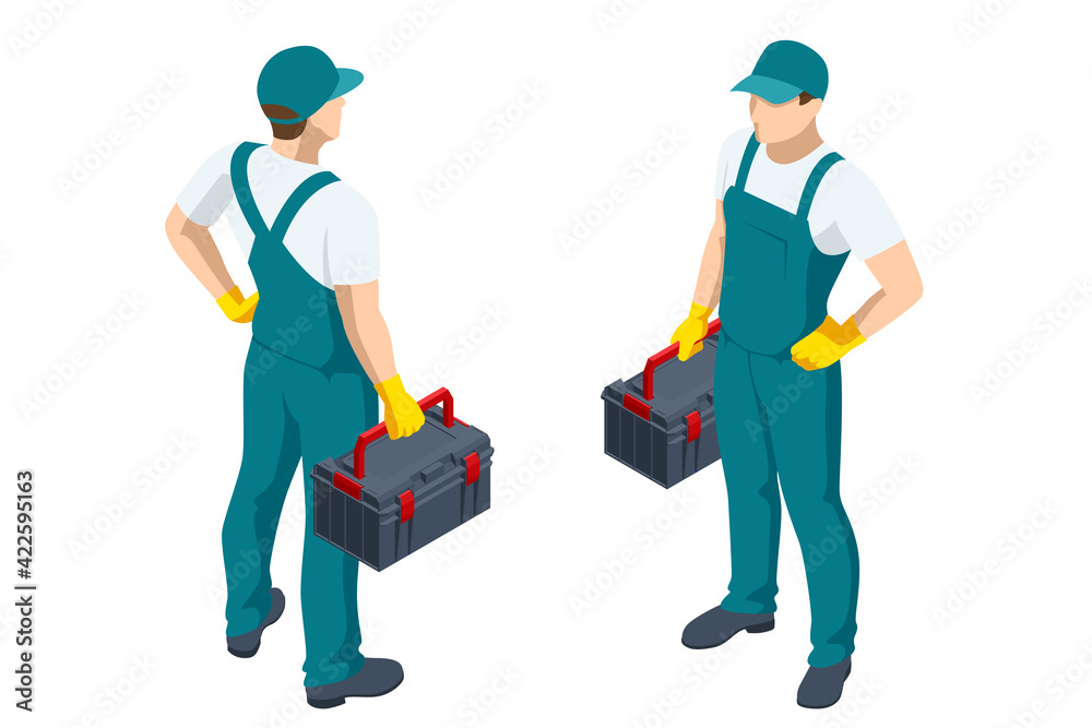 Wall mural isometric repairman or mechanic with a toolbox. man working, holds toolbox with instrument