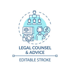 Legal counsel and advice concept icon. Legal services categories. Provides timely legal protection and advice idea thin line illustration. Vector isolated outline RGB color drawing. Editable stroke