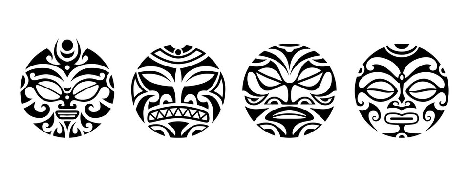 Set of round tattoo ornament with sun face maori style. Ethnic, african, aztec, Indian totem mask collection.
