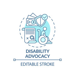Disability advocacy concept icon. Legal services types. Protect human rights of people with disabled body idea thin line illustration. Vector isolated outline RGB color drawing. Editable stroke