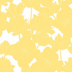 Seamless vintage pattern with  tulips line silhouette on yellow background.