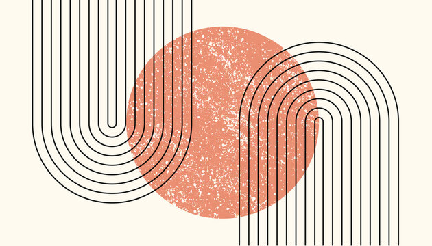 Abstract aesthetic boho textured background with arch and sun. Vector wall decor in terracota color. Mid century modern minimalist art design.
