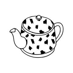 Black hand drawing illustration of a metal or clay kettle with abstract pattern and hot water for tea or coffee isolated on a white background