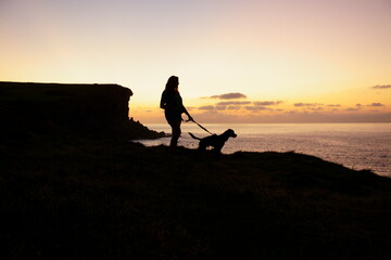Fototapeta na wymiar Puesta de sol con la silueta de una chica y su perro.