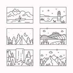 Nature landscape thin line vector icons. Travel concept. Outdoor recreation, travelling, hiking, camping thin line vector illustration for t-shirt design, web services, mobile app. Editable strokes.