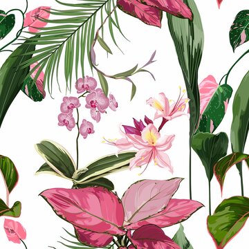 Exotic flowers pattern. Pink  tropical flowers and palm leaves, plants in summer print. Hawaiian t-shirt and swimwear tile. White background.