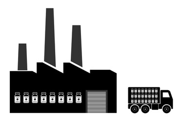 Usine de production de vaccins contre la covid-19 et camion de livraison