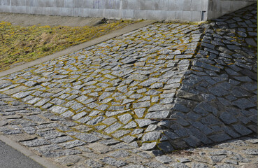 edge of the river bank made of stone paving. asphalt road where you ride a bike path on a bike and...