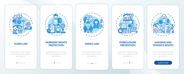 Fototapeta na wymiar Legal services types onboarding mobile app page screen with concepts. Workers rights protection walkthrough 5 steps graphic instructions. UI, UX, GUI vector template with linear color illustrations