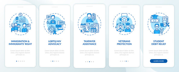 Legal services types onboarding mobile app page screen with concepts. Taxpayer assistance walkthrough 5 steps graphic instructions. UI, UX, GUI vector template with linear color illustrations
