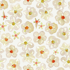 Blooming wild cherry. Watercolor cherry flowers. Spring seamless pattern on a white background. Airy, botanical, natural, feminine pattern. For printing and design on fabric, paper.
