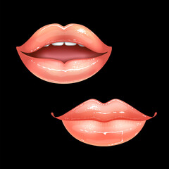 2 shining beautiful female nude lips with teeth for different designs. Pink lipstick color. Black background. Realistic vector illustration.