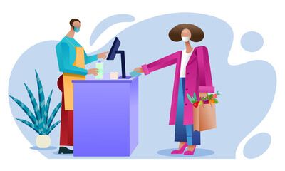 A person and cashier wear masks at a cash register. Person checking out at grocery store. Buying vegetables at a supermarket.
