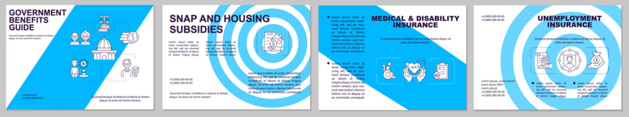 Obraz premium Government benefits guide brochure template. Snap, housing subsidies. Flyer, booklet, leaflet print, cover design with linear icons. Vector layouts for presentation, annual report, advertisement pages