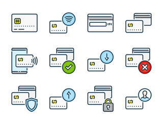 Credit card and Payment related color vector line icons. Online banking and Money transfer colorful outline icon set.