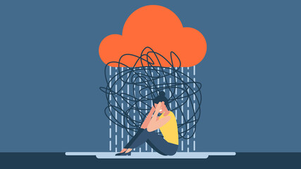 Mental disorder, finding answers, confusion concept. Woman suffering from depression, closing face with palms in despair, girl trying to solve