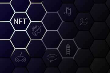 NFT non-fungible token concept on polygonal abstract background. Vector dark banner with hexagon shapes with lights on backdrop and white non fungible token sign. Modern card crypto art illustration.