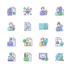 Broker service RGB color icons set. Online stock trading. Intellectual property. Business deal. Sponsorship broker. Equipment leasing. Commodity broker. Isolated vector illustrations