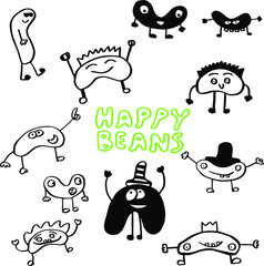 Hand drawn beans set in doodle style. Funny characters. Vector.